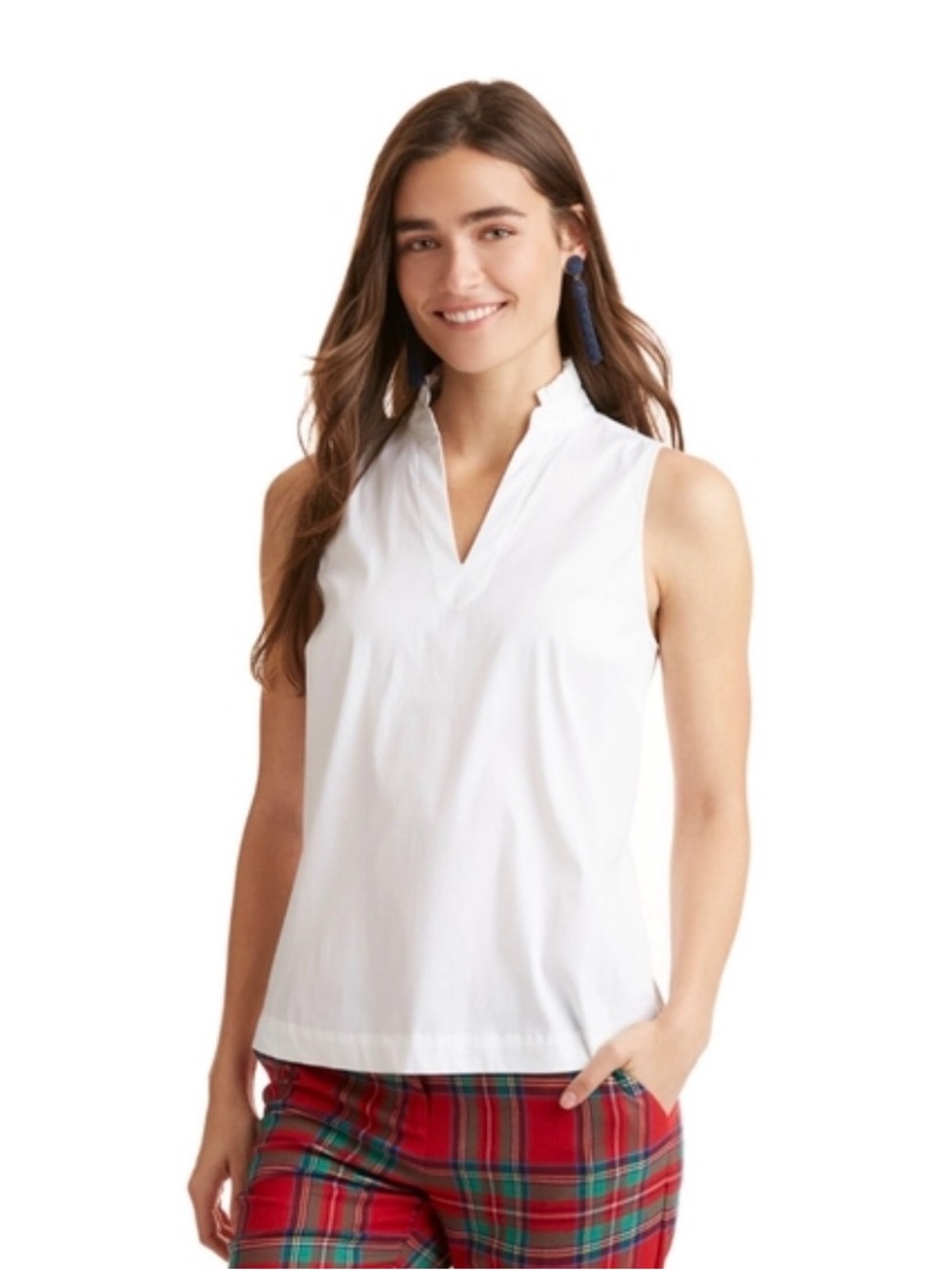 Vineyard Vines White Sleeveless Split V-Neck Tank